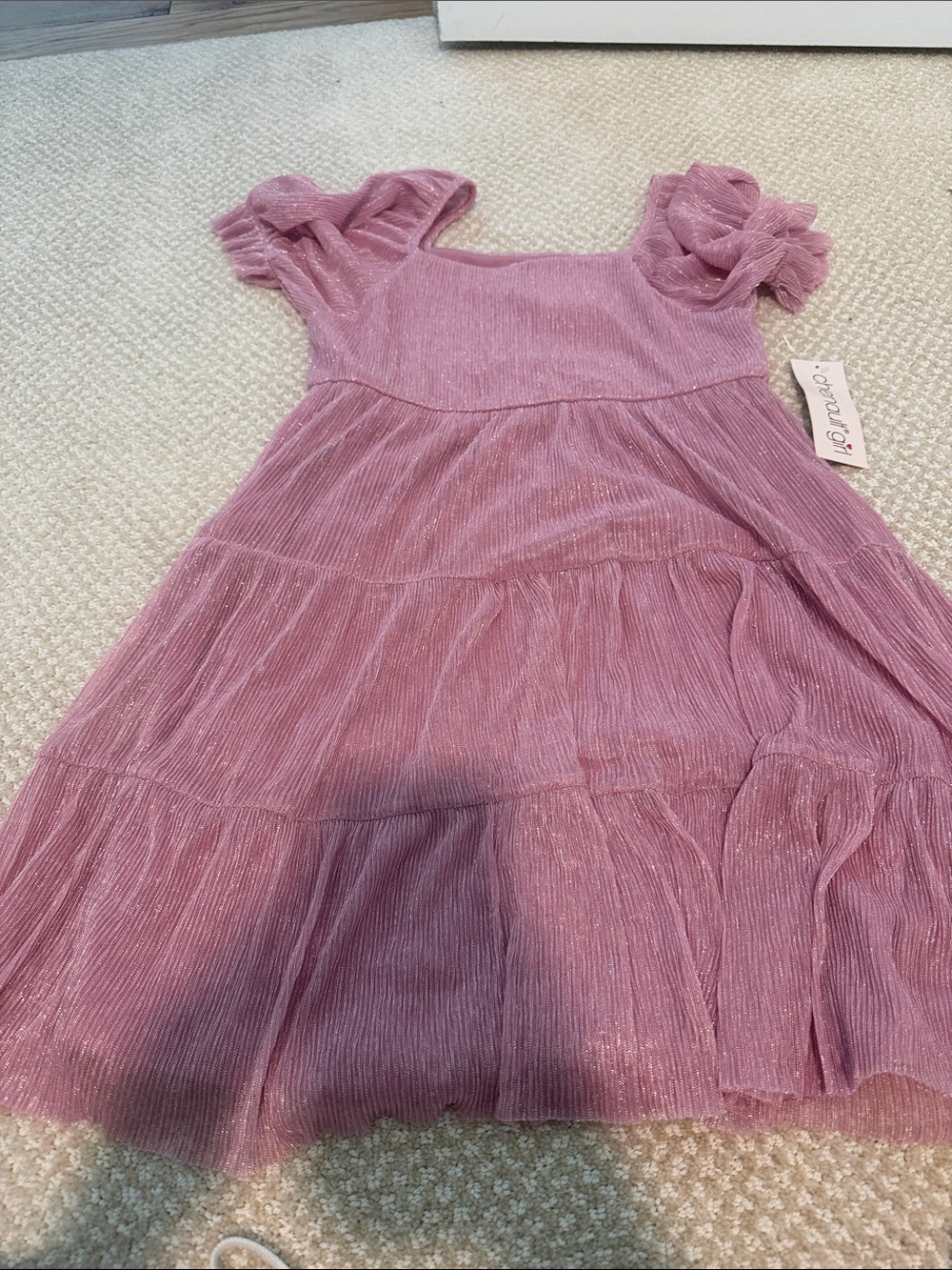 Chenault Pink Shimmer Tiered Dress with Ruffle Cap Sleeves